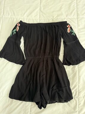 love, Fire Black Off-Shoulder Romper with Floral Embroidery